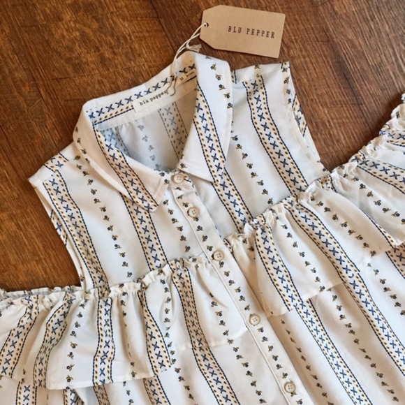 Blu Pepper Collared Button Up Striped Floral Ruffle Cold Shoulder - Picture 5 of 7